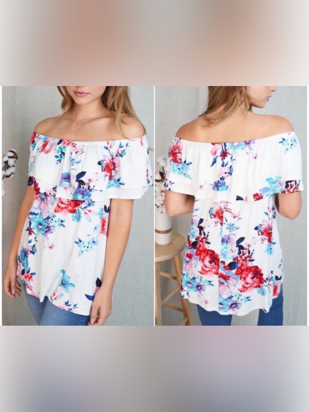 White birch beautiful floral off the shoulder blouse size L/XL PTP 19”- 23”